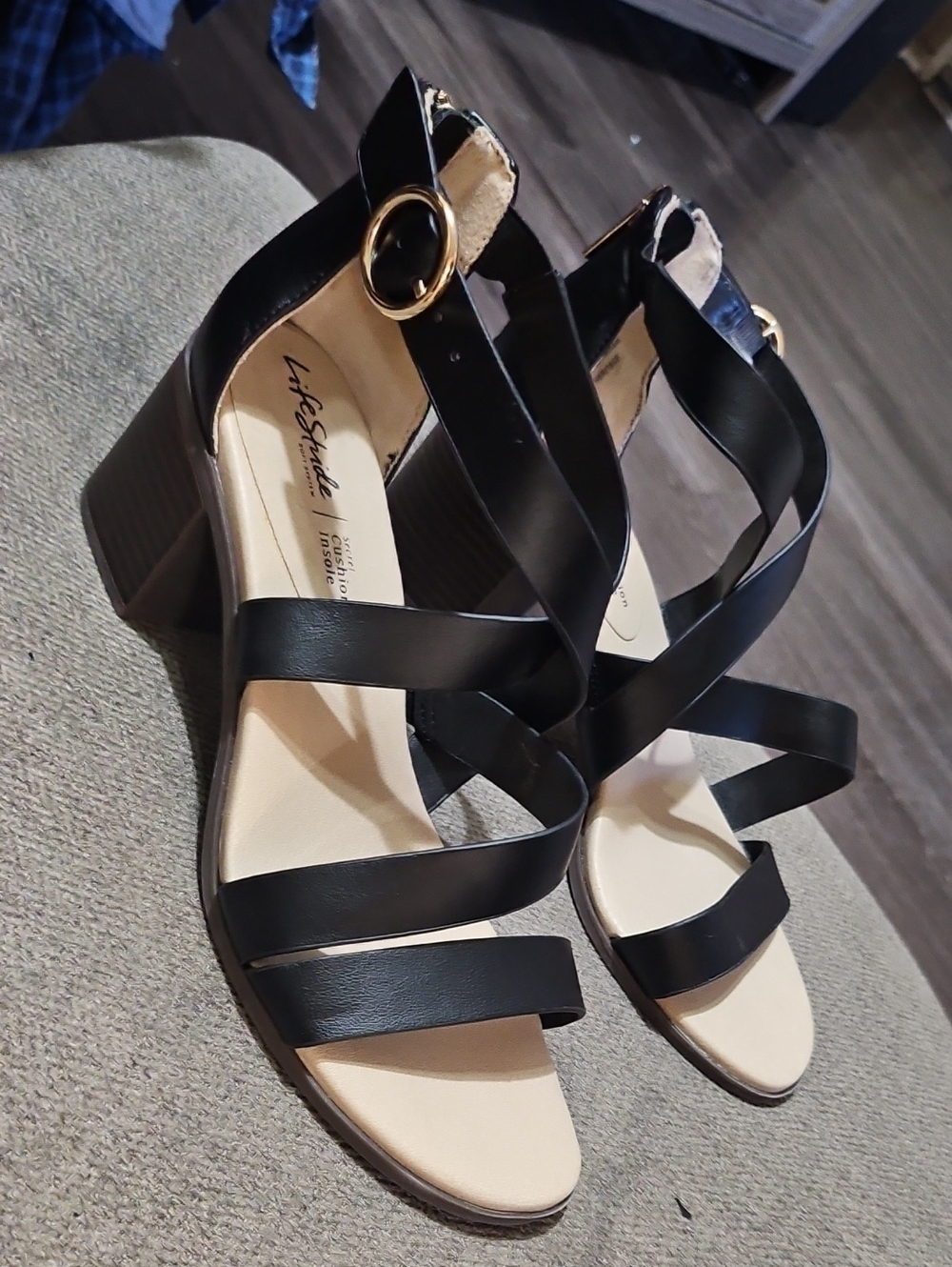 Life Stride Black Strappy Block Heel Sandals with Gold Buckle